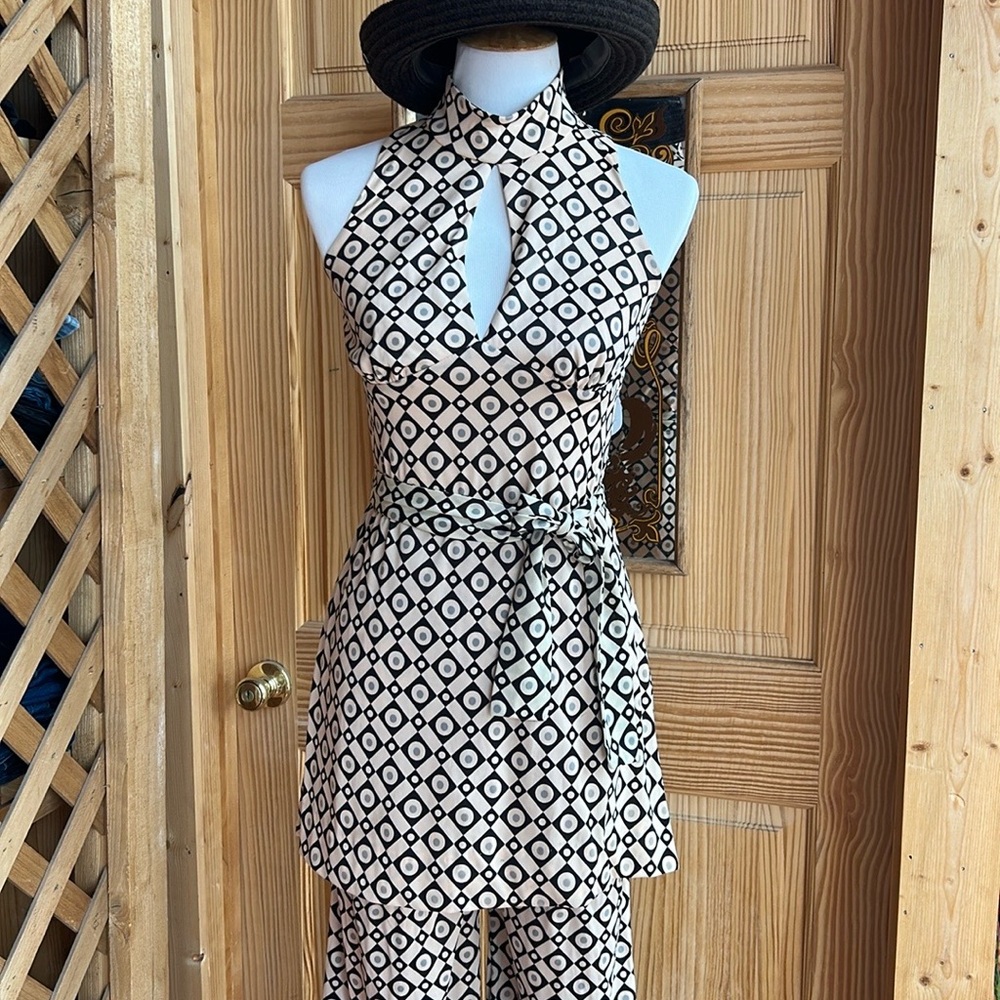 60’s Vintage Geometric Halter Tunic & Wide Leg Pants Set - Black on Cream